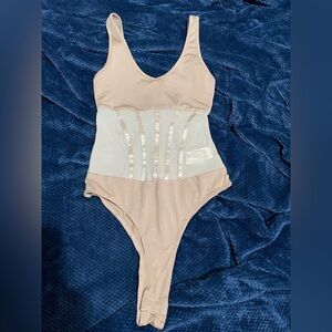 Forever 21 Tan One-Piece Bodysuit with Mesh Detail